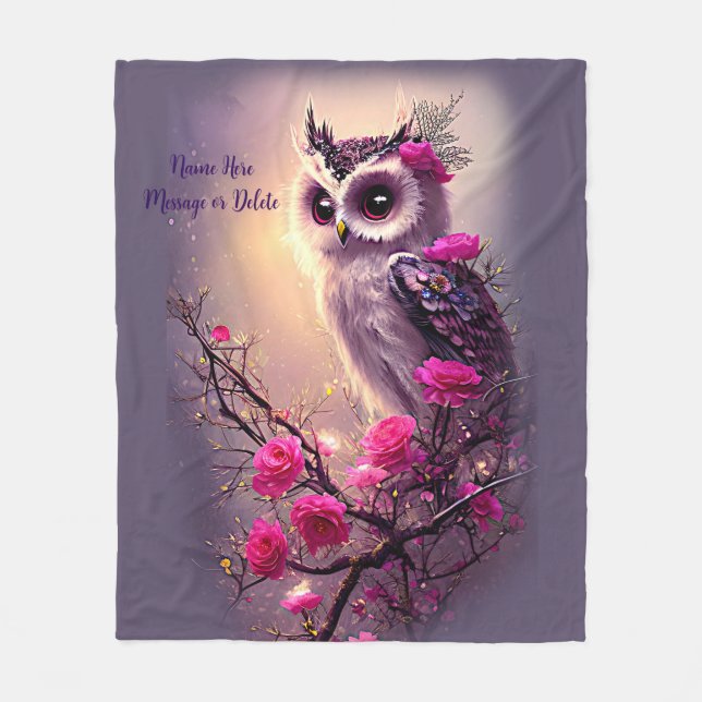 Couverture Polaire Chouette pourpre et fleurs roses (Devant)