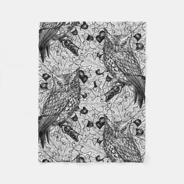 Couverture Polaire Chouettes dans le chêne, noir et blanc (Devant)