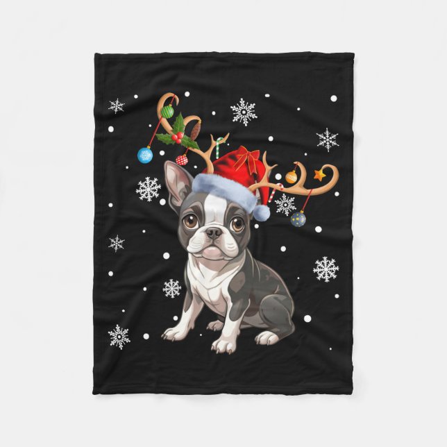 Couverture Polaire Christmas Light Reindeer Santa Hat Boston Terrier  (Devant)