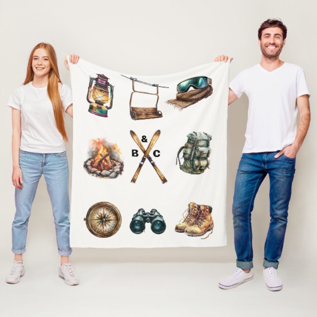 Couverture Polaire Christmas Rustic Ski Couple Initial Outdoor White  (En situation)