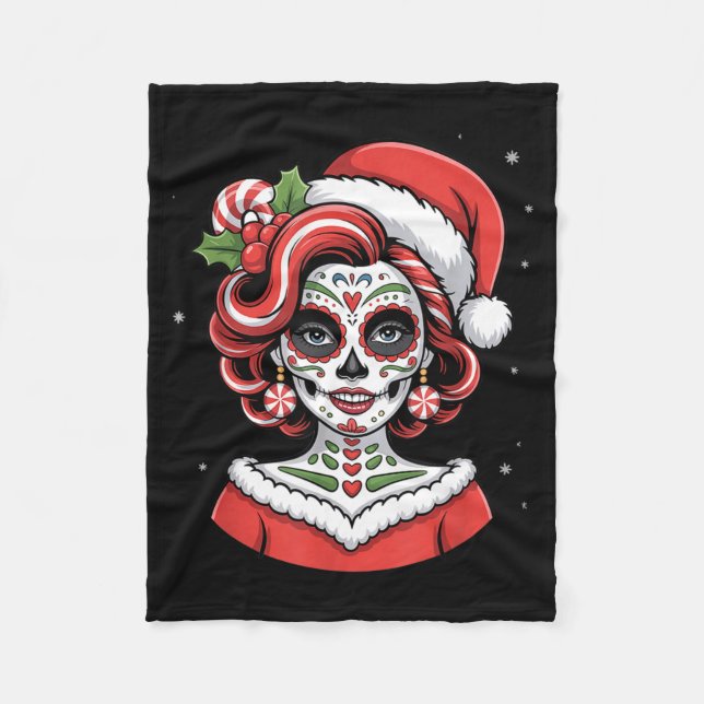 Couverture Polaire Christmas Sugar Skull Art Woman Santa Hat Festive  (Devant)