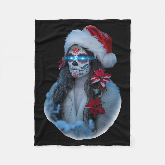 Couverture Polaire Christmas Sugar Skull Art Woman Santa Hat Festive  (Devant)