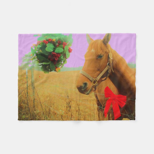 Couverture Polaire Ciel rose rétro Cheval de Noël (Devant (Horizontal))