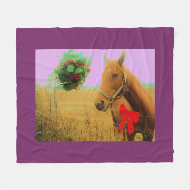 Couverture Polaire Ciel rose rétro Cheval de Noël (Devant (Horizontal))