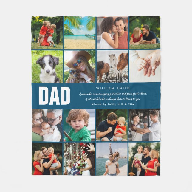Couverture Polaire Citation Papa 16 Collage Photo Bleu  (Devant)