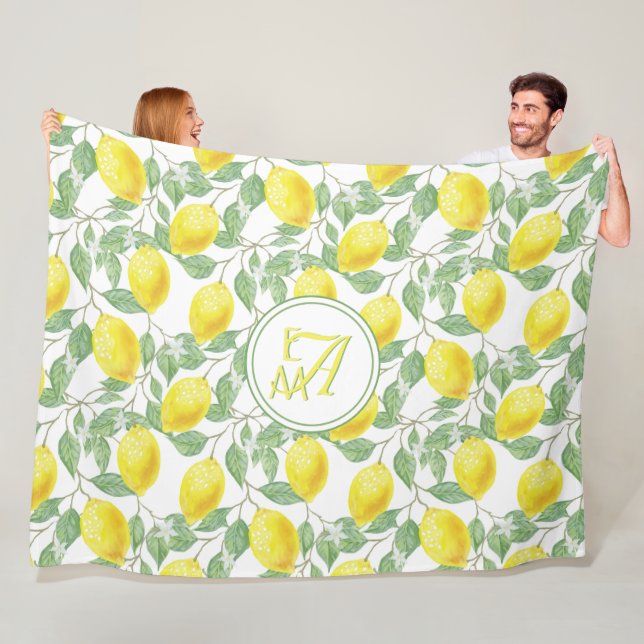 Couverture Polaire Citronnier Motif Monogramme Vert Jaune Décor (En situation)