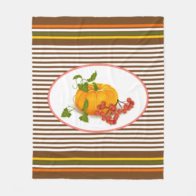 Couverture Polaire Citrouille, baies et rayures tombent Thanksgiving (Devant)