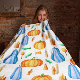 Couverture Polaire Citrouille coloré Automne Aquarelle Bleu Orange