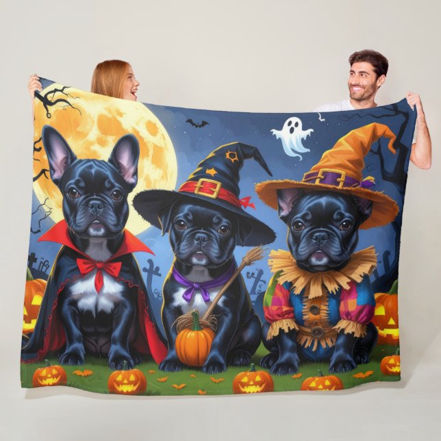 Couverture Polaire Citrouille de Bulldogs de France noire Halloween d (En situation)