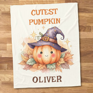 Couverture Polaire Citrouille de sorcière mignonne avec feuilles d'au