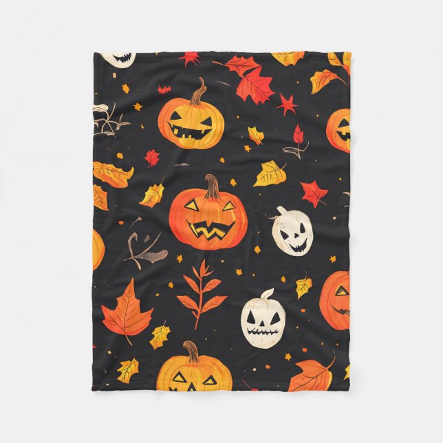 Couverture Polaire Citrouille d'Halloween amusant et Feuilles Imprime (Devant)