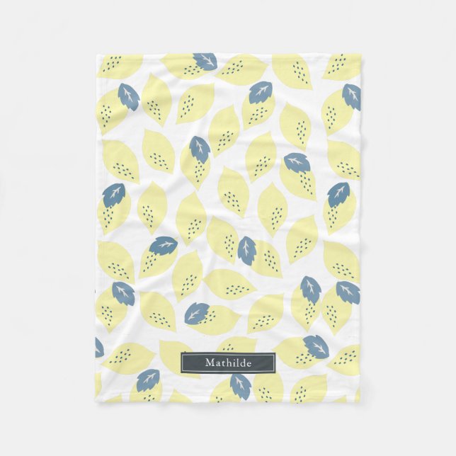Couverture Polaire Citrus de citron jaune et Motif de feuille gris bl (Devant)