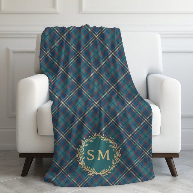 Couverture Polaire Classic Monogram Gold Wreath Green Tartan Plaid (Créateur téléchargé)
