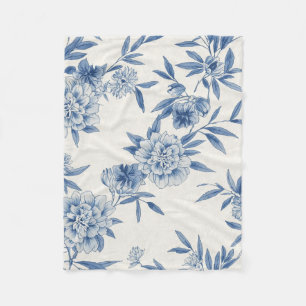Couverture Polaire Classique motif toile florale bleue aquarelle blan