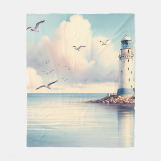 Couverture Polaire Coastal Lighthouse Seagulls Pastel Sky Serenity