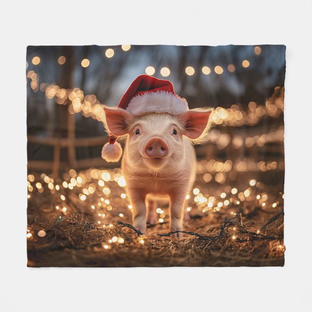 Couverture Polaire Cochon dans un chapeau de Père Noël (Devant (Horizontal))