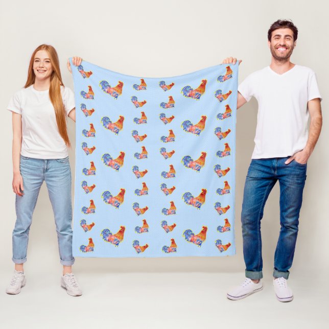 Couverture Polaire Cockerel Rooster Rouge Drôle et Zones Bleues et Bl (En situation)