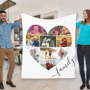 Couverture Polaire Coeur de famille en forme 9 photo Collage blanc