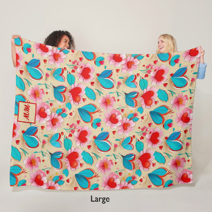 Couverture Polaire Coeurs coquette, et crème de fleurs monogramme