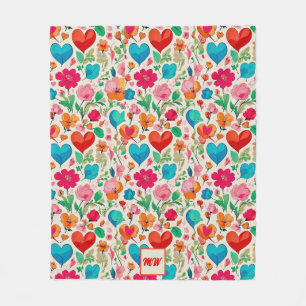 Couverture Polaire Coeurs de coquette Whimsical, et monogramme de fle