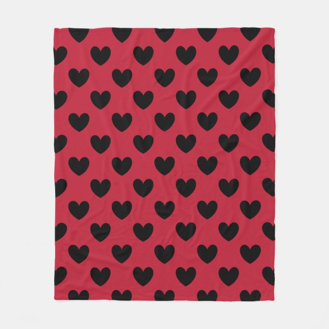 Couverture Polaire Coeurs de polka noir sur rouge (Devant)