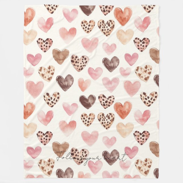 Couverture Polaire Coeurs Empreintes de léopard Brown roses (Devant)