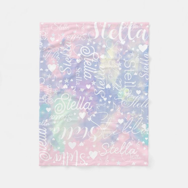 Couverture Polaire Coeurs, étoiles et musique bleu rose d'aquarelle (Devant)