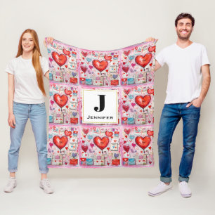Couverture Polaire Coeurs lunaires et lettres d'amour Motif