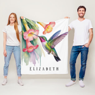 Couverture Polaire Colibri à l'aquarelle avec fleurs