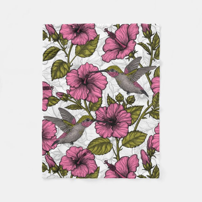 Couverture Polaire Colibris et fleurs d'hibiscus roses (Devant)