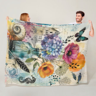 Couverture Polaire Collage d'art mixte botanique vibrant