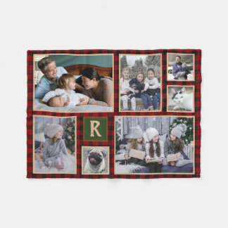 Couverture Polaire Collage de photos de famille Monogrammé Rouge Buff