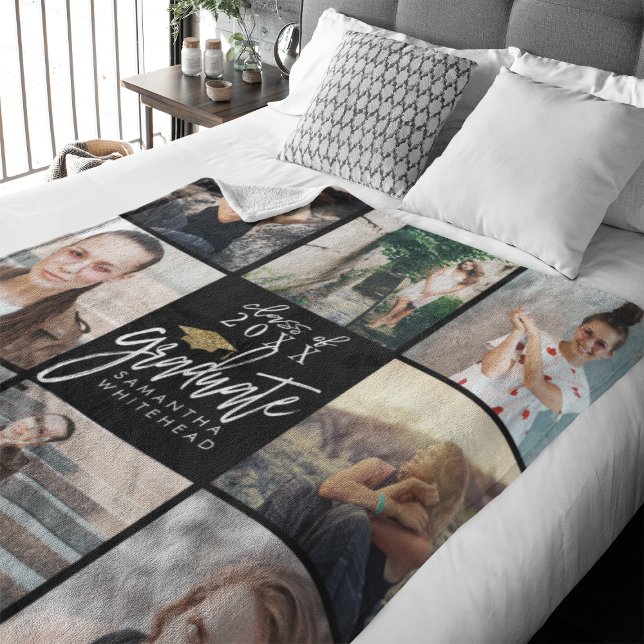 Couverture Polaire Collage de photos d'études supérieures Gold Partie (Celebrate your graduate's milestone with our cozy, custom fleece blanket.)