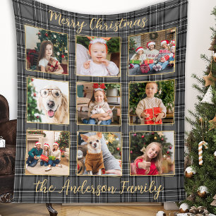Couverture Polaire Collage de photos familiales Hiver Gris Patchwork