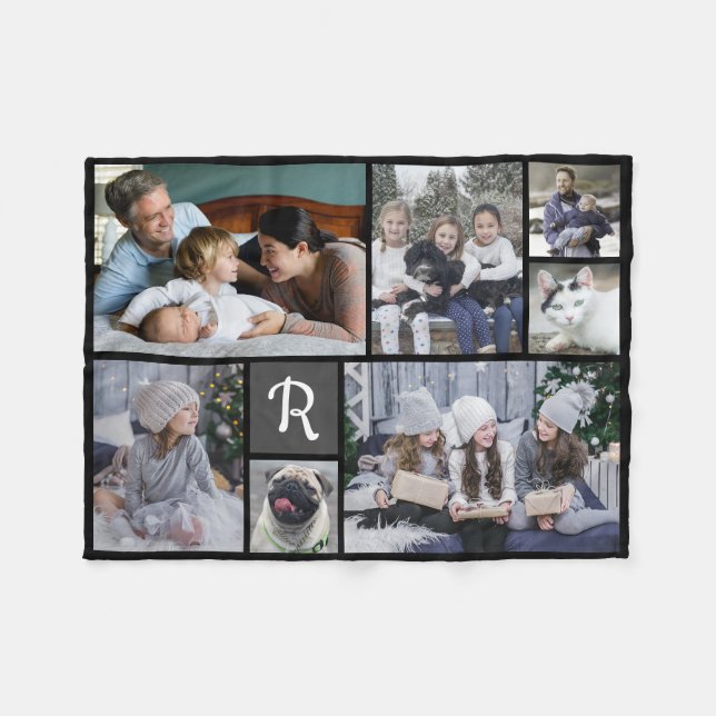 Couverture Polaire Collage de photos familiales Monogramme 7 images N (Devant (Horizontal))