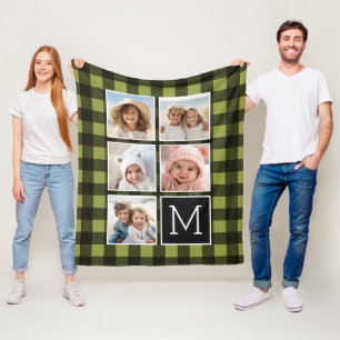 Couverture Polaire Collage de photos - Monogramme olive noir plaid Bu