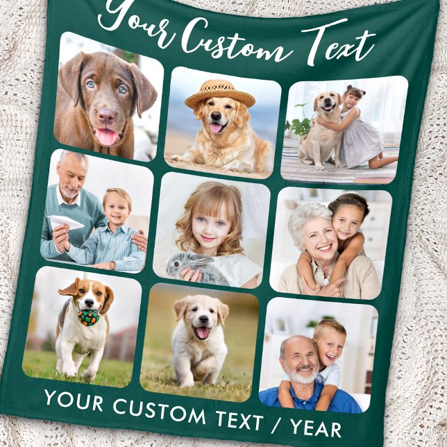 Couverture Polaire Collage de photos personnalisées de 9 photos vert  (Créateur téléchargé)
