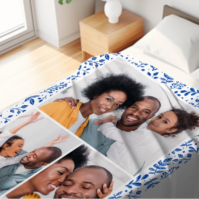 Couverture Polaire Collage photo botanique d'hiver bleu et blanc (Créateur téléchargé)