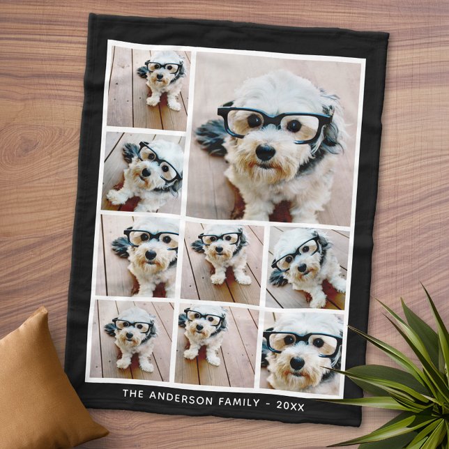 Couverture Polaire Collage photo Carré noir 9 avec texte blanc (Personalized Fleece Blanket - Add Photos and Text or Customize completely in advanced design area)