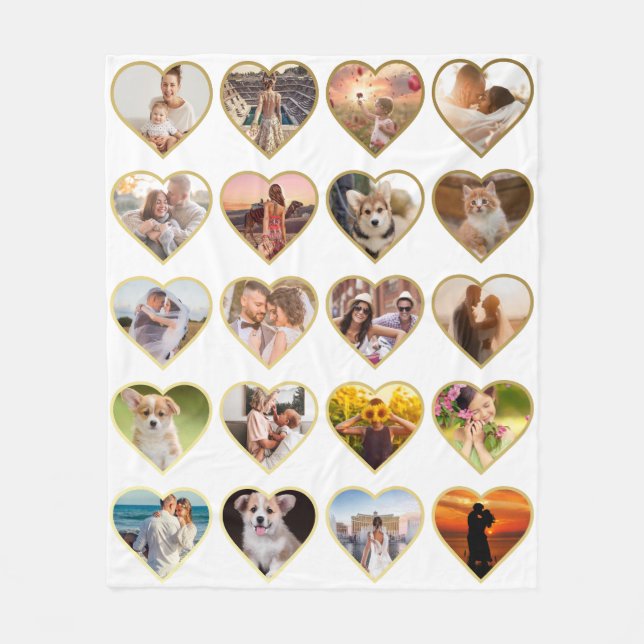 Couverture Polaire Collage photo de 20 Coeurs d'or personnalisé (Devant)