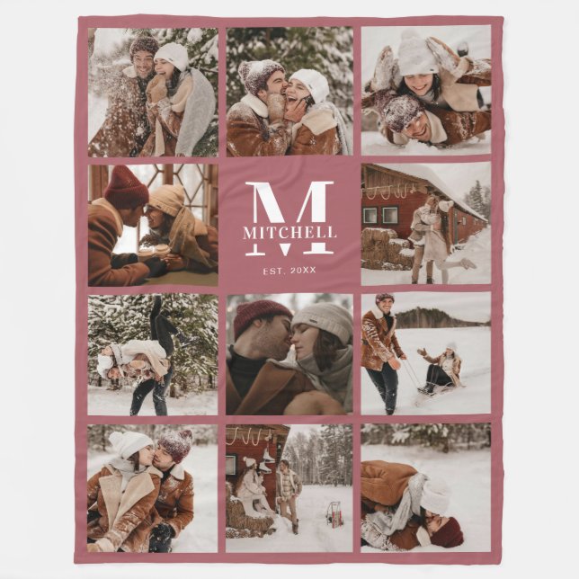 Couverture Polaire Collage photo de famille moderne Monogrammé Rose D (Devant)