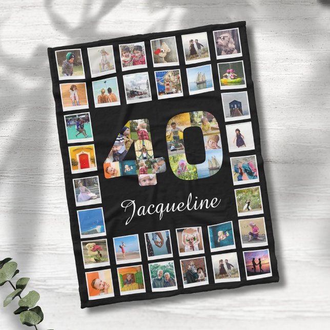 Couverture Polaire Collage photo de la famille du 40e anniversaire 47 (40th birthday personalized fleece blanket with custom photos and name)