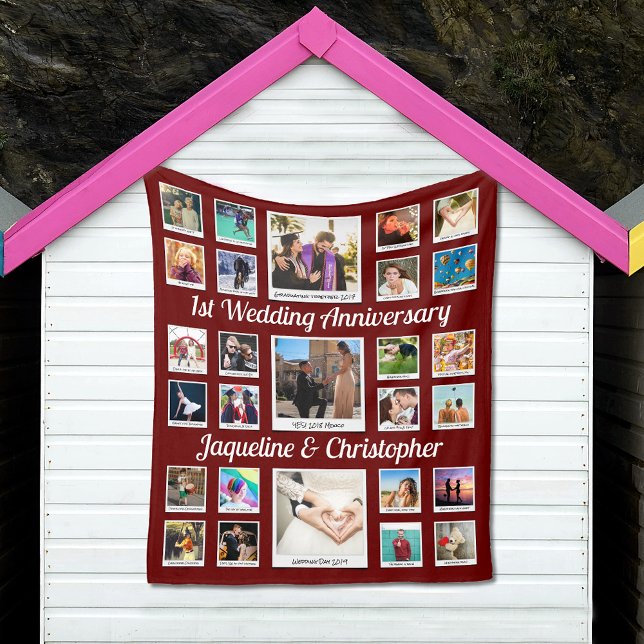 Couverture Polaire Collage photo de l'anniversaire du mariage (Wedding Anniversary custom fleece blanket in red with photo collage.)