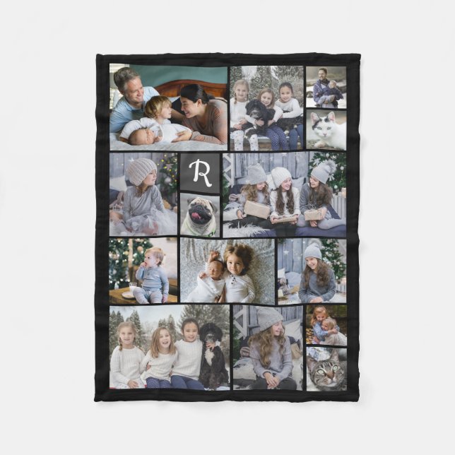 Couverture Polaire Collage Photo Famille 14 Photos + Monogramme Black (Devant)