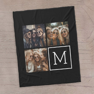 Couverture Polaire Collage photo tendance noir et blanc avec Monogram