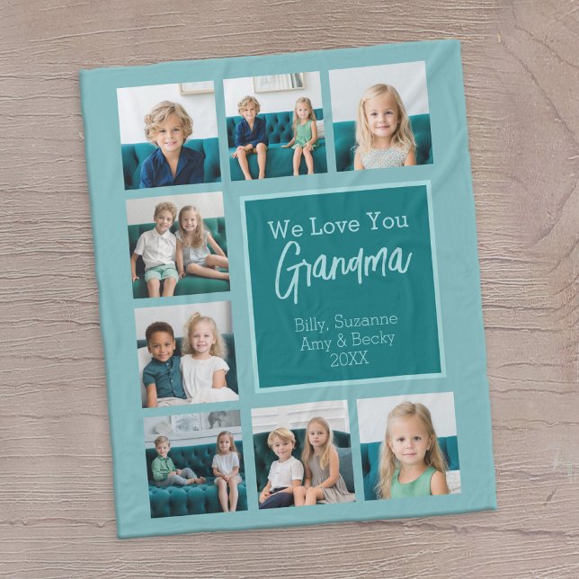 Couverture Polaire Collage photo turquoise & blanc 8 - We Love Grand- (8 photo personalized fleece blanket for Grandma -- with a message in the middle)