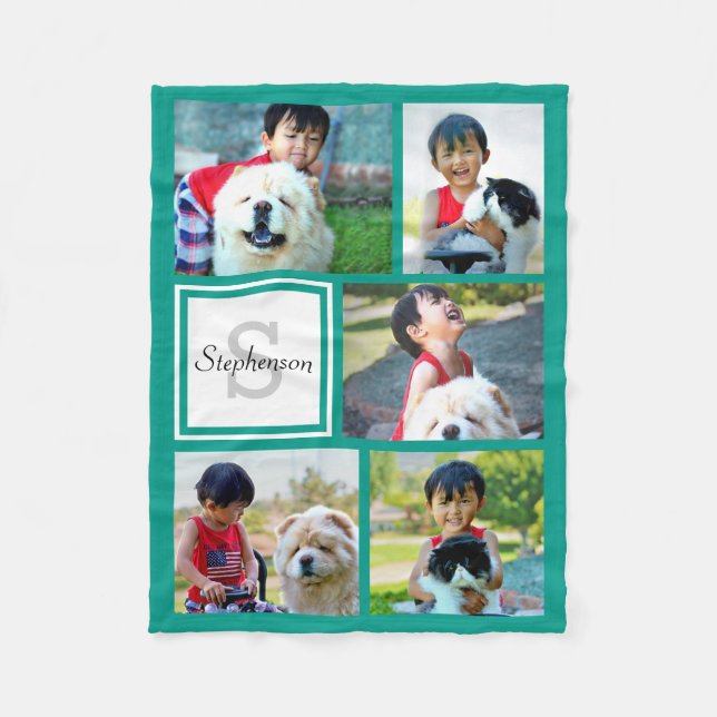 Couverture Polaire Collage photo Turquoise personnalisé Monogramme (Devant)