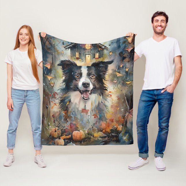 Couverture Polaire Collie frontalier d'Halloween avec effroi Citrouil (En situation)