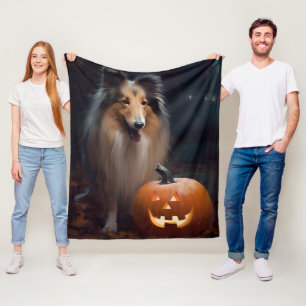 Couverture Polaire Collie Rough Halloween avec citrouilles effrayant