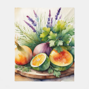 Couverture Polaire Composition aquarelle d'herbes fraîches et de citr
